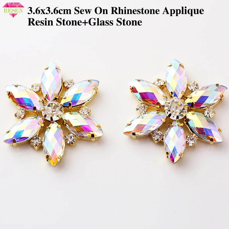 

RESEN 3.6cm Flatback Crystal Glass Rhinestone Applique Gold Base bottom Sew On Claw Rhinestone DIY Rhinestone Garments