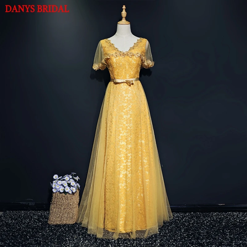 Elegant Yellow Lace Evening Dresses Long Party Capes Tulle Women Ladies