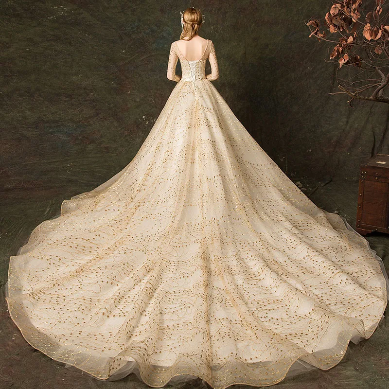 Erosebridal золотой шар свадебное платье с длинным рукавом Кружевное Свадебное платье с длинным шлейфом на шнуровке сзади дизайн Vestido De Noiva