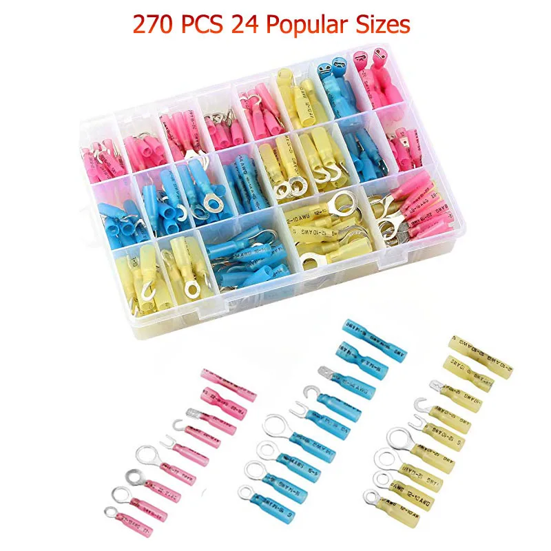 

270pcs Heat Shrink Wire Connector Set Insulated Waterproof Electrical Crimp Terminals Marine Automotive Spade Ring Terminals Kit