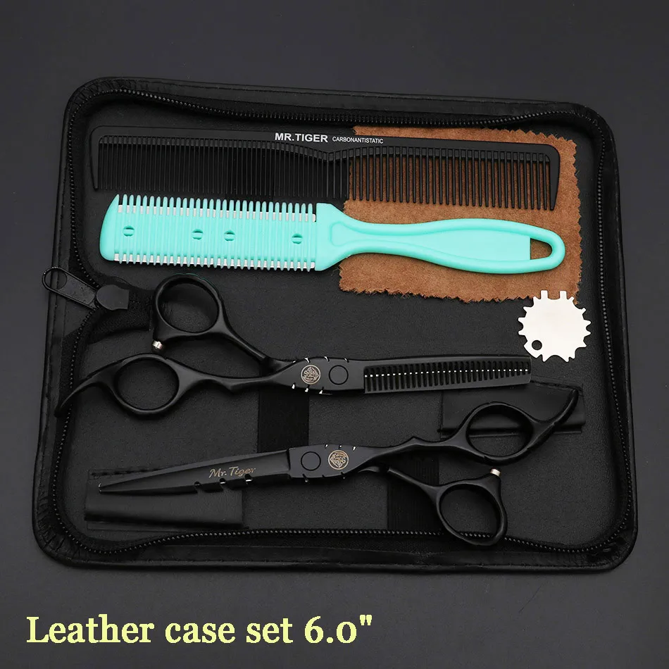 Хит 5,5, 6,0, черные японские ножницы для волос, Профессиональные парикмахерские ножницы, Парикмахерские филировочные ножницы, парикмахерские ножницы, набор для стрижки - Цвет: leather case set