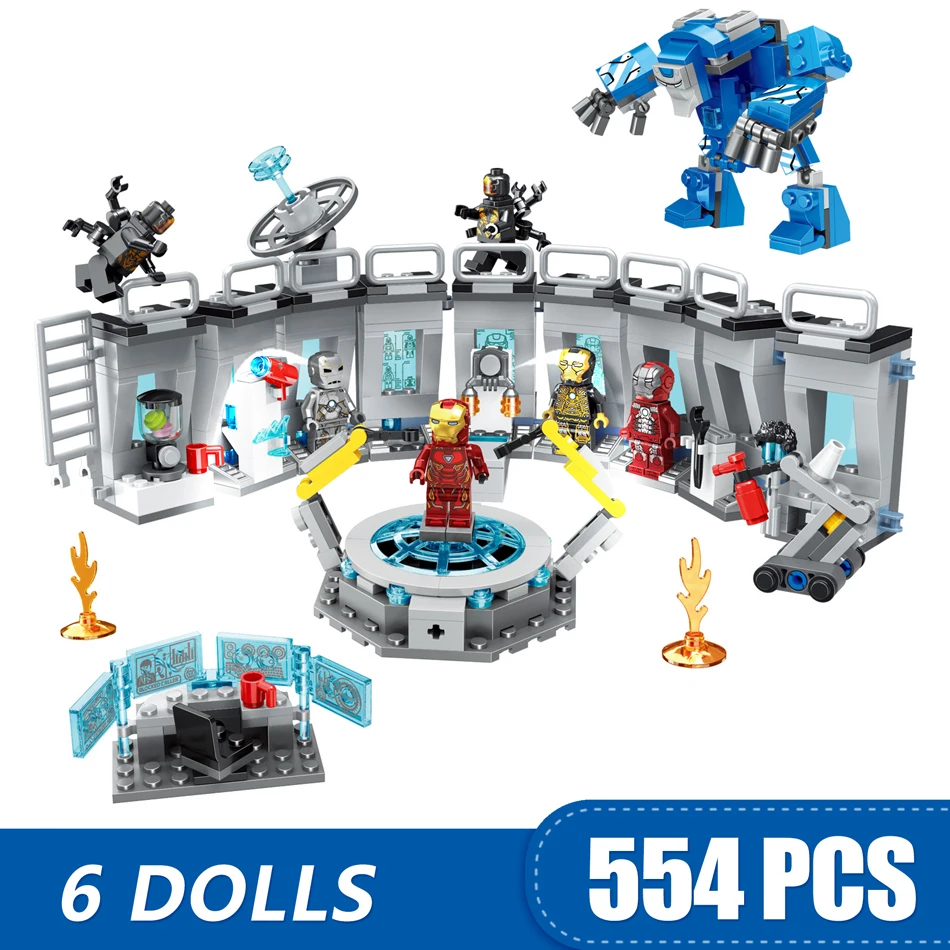 

608PCS Small Building Blocks Toys Compatible with Legoe Iron Man Hall of Armor Marvel Super Heroes Avengers Gift for girls boys