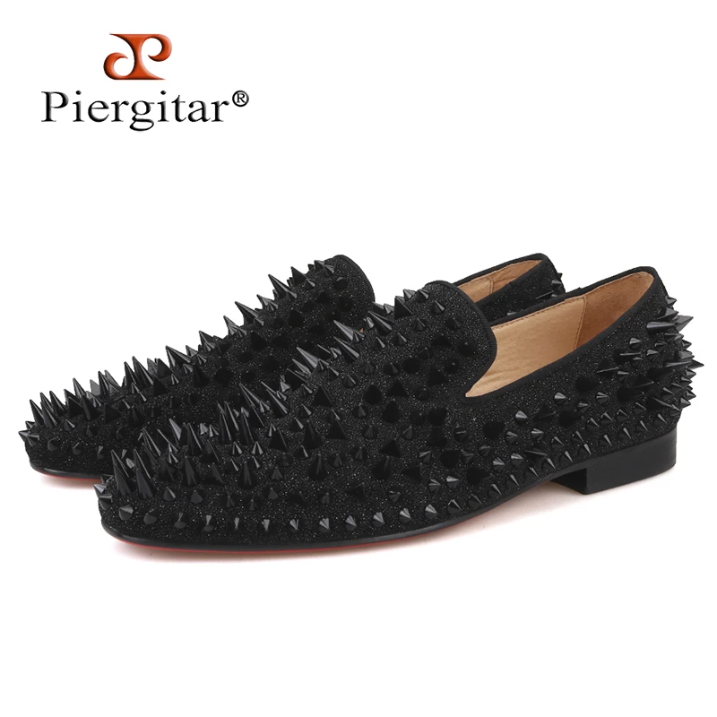 

Piergitar 2018 Three colors Handmade Men Rivets Shoes Fashion Party Prom Men Loafers Red bottom Plus size leather casual shoes