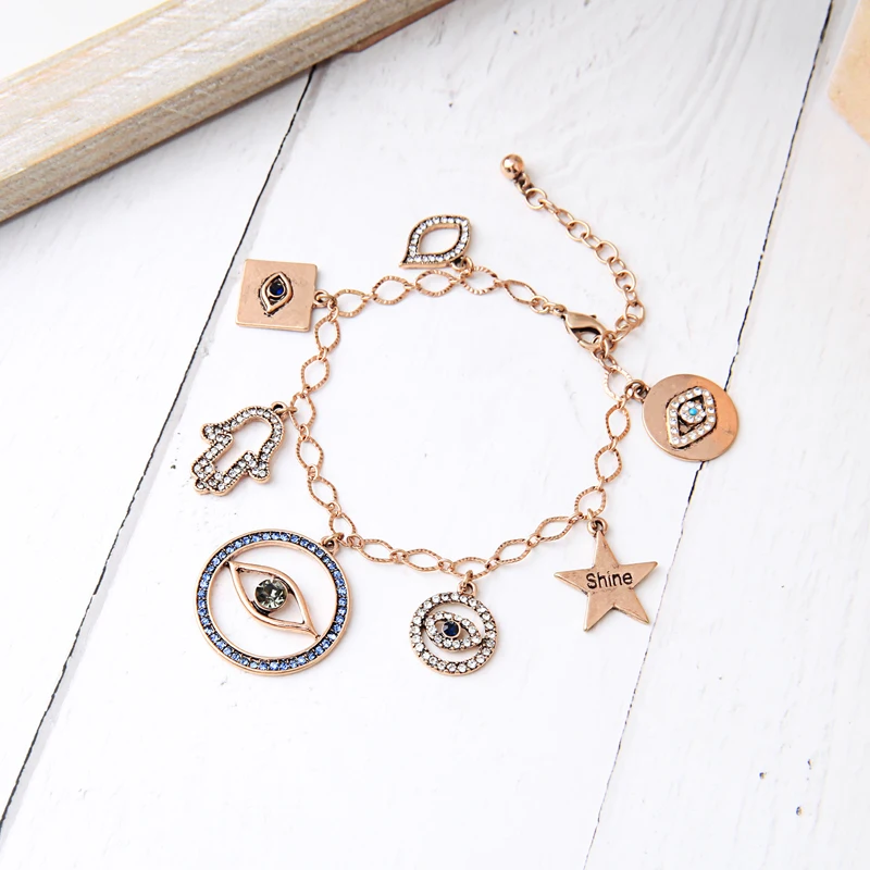 BALANBIU Hyperbole Hiphop Street Style Crystal Evil Eyes Shine Star Charm Bracelet For Women Gift Vintage Gold Color Alloy Chain