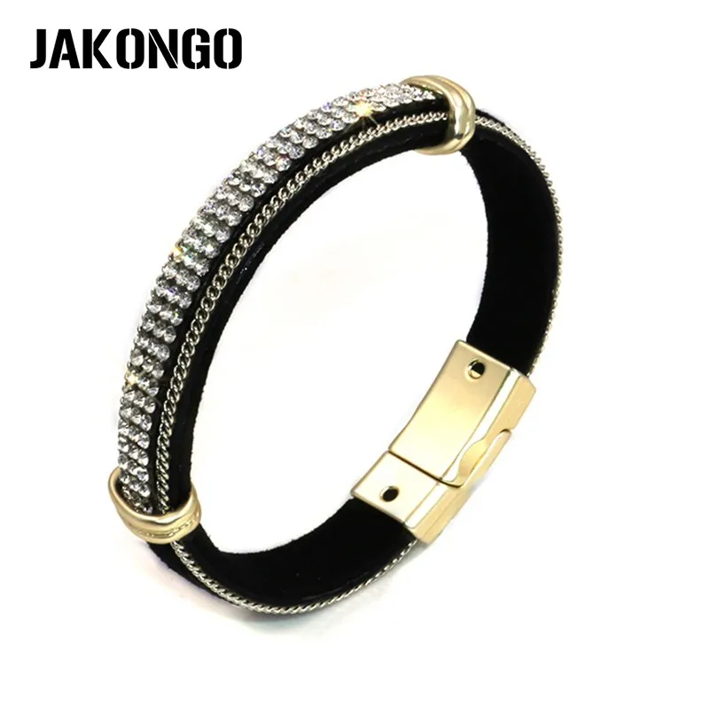 

JAKONGO 2018 New Fashion Leather Crystal Punk Style Bracelet Magnetic Cuff Bracelet for Women Jewelry 3 colors