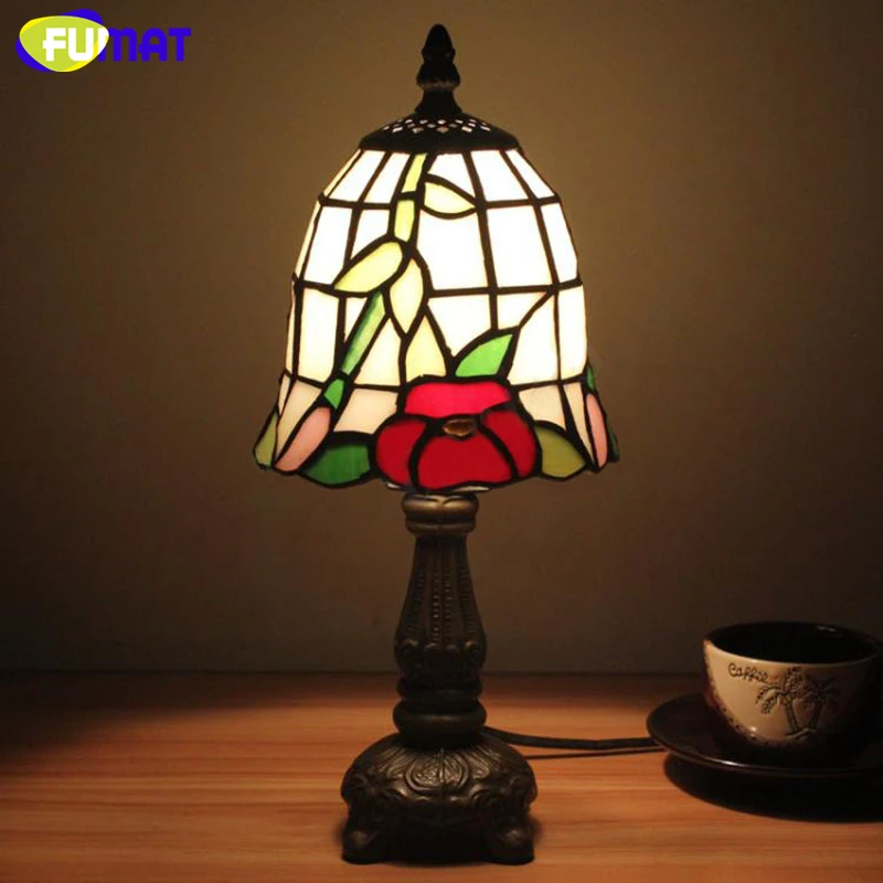 FUMAT Tiffany Stained Glass Desk Lamps Girls Gift Grape Rose Dragonfly Pearl Morning Glory Pattern Table Night Lights  17.