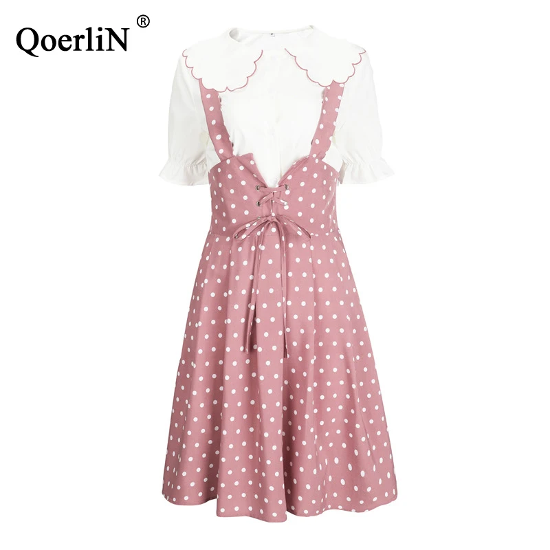

QoerliN Fashion Suit Female Peter Pan Collar Loose Shirt New Strap Dress Women Korean Style Clothing Ladies Dress Suits Summer
