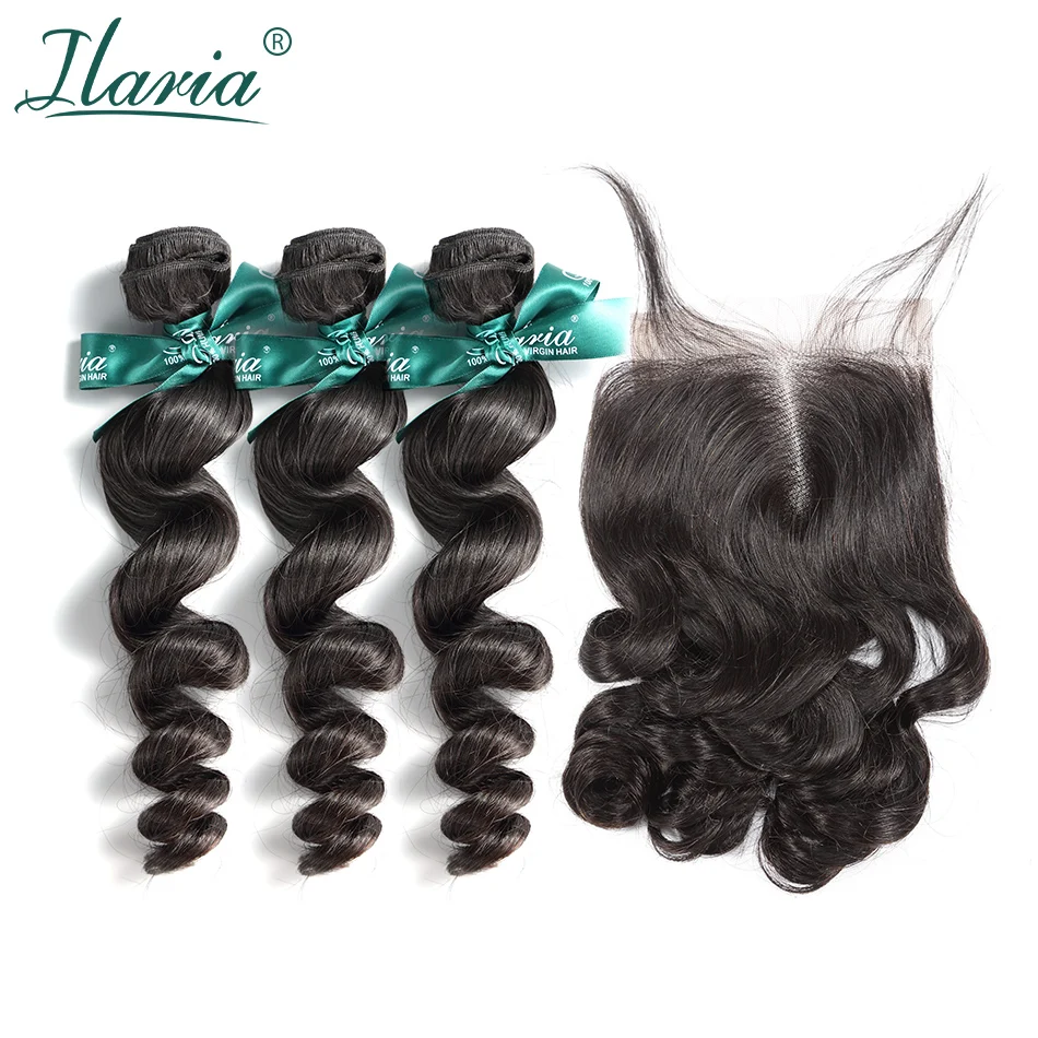 

ILARIA HAIR Human Hair Bundles With Closure Loose Wave 100% Brazilian Virgin Hair Weave 3 Bundles With Lace Closure Top Quality