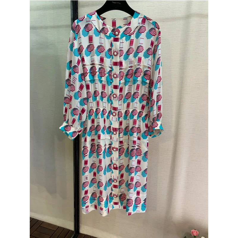 

100 % silk fashion umbrella geometric pattern silk print dress long-sleeved dress cool summer