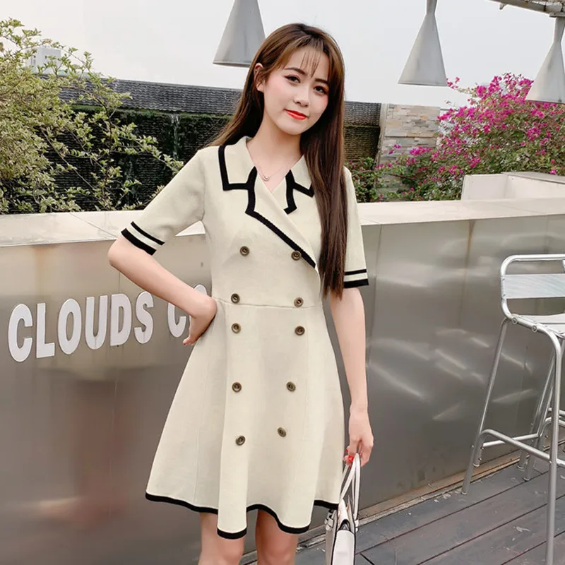 

Women's Knit Dress 2019 Spring Summer Fall POLO Collar Double-breasted High Waist Knit Dress Black Beige Casual Dress A489