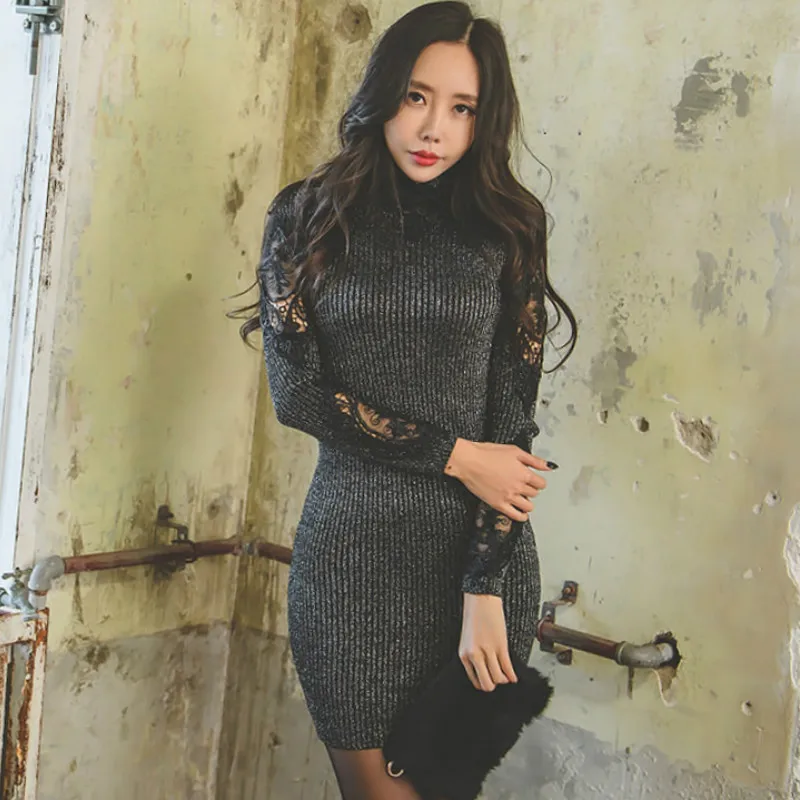 

2019 Winter Lace Patchwork Shine Knitted Sweater Mini Sheath Sexy Bodycon Club Dress
