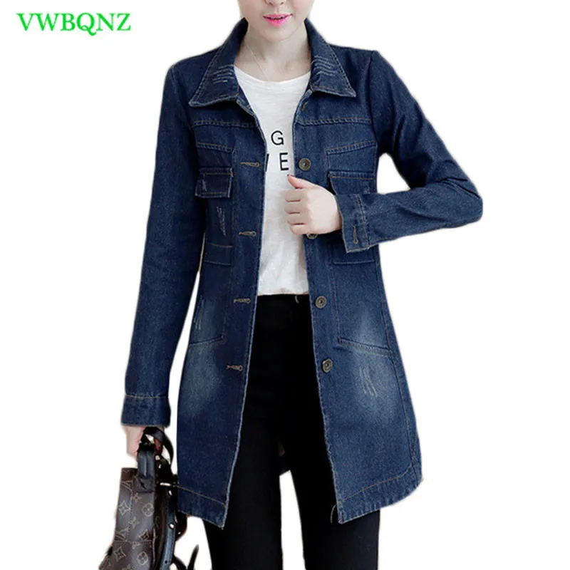 awesome Autumn Winter Korean Denim Jacket Women Slim Long Base Coat Women's Frayed Navy Blue Plus size Jean