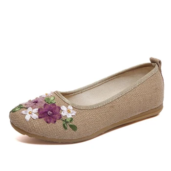 

Handmade Vintage Ethnic Style Flat Shoes Women Embroidered Flower Flax Flats Comfort Slip On Loafers Ladies Light Moccasins