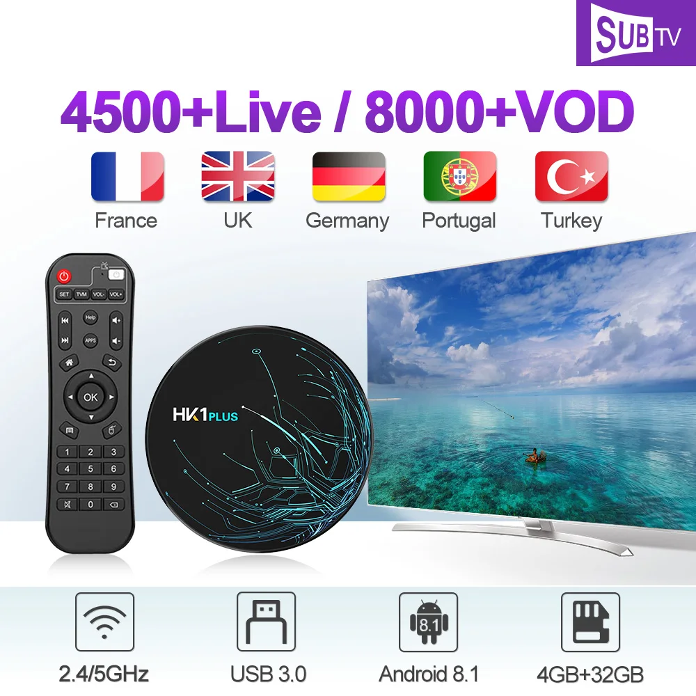 

IPTV France Arabic Italy SUBTV Code HK1 PLUS Android 8.1 4G+32G Dual-Band WIFI BT Arabic France IPTV Italy Canada IPTV Receiver