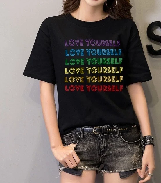 

starqueen HJN Kpop Korean Boys LOVE YOURSELF Same Cotton T Shirt Tee Rainbow Printed Colorblock Short Sleeve Fashion Summer Tops