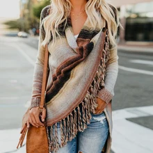 Женский кардиган, Осенний Повседневный свитер с кисточками, Свободный Полосатый Вязаный шаль, пальто для девушек, длинный осенний кардиган, женский свитер