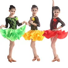 Зеленое красное платье для латинских танцев для девочек с длинными рукавами для детей, ча/Румба/танец самба, одежда для тренировок/выступлений, платье для танцев