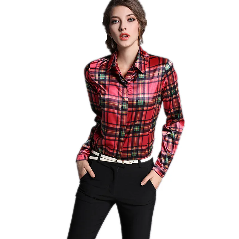 2017 New Fashion Classic Red Plaid Shirts Female Long Sleeve Lapel