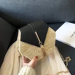 Fashion Women Retro Weave Leather Tassel Chain Crossbody Shoulder Bag Hasp Patchwork Straw Bucket bag for travel Fashion Women Retro Weave Leather Tassel Chain Crossbody Shoulder Bag Hasp Patchwork Straw Bucket bag for travel