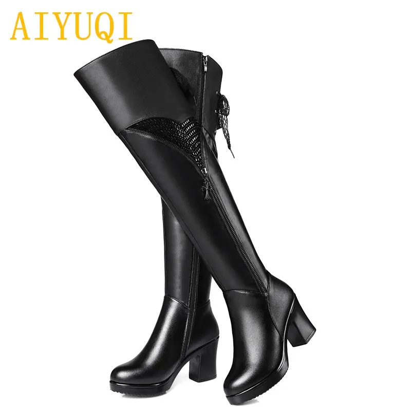 AIYUQI/Новинка года; сезон осень-зима; женские мотоботы из натуральной кожи. Модные сапоги до колена на высоком каблуке. Дамская обувь