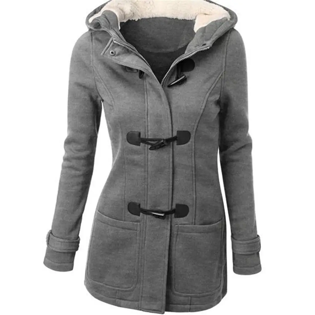 Autumn Hooded Horn Button Coat Women Winter Parkas Grey Outwear 2016