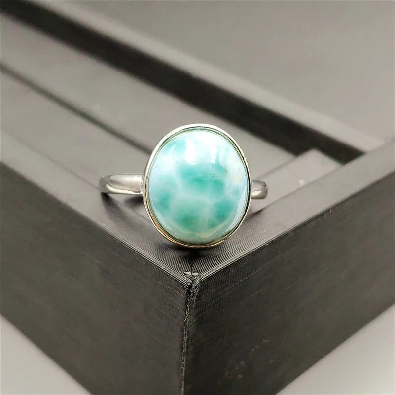 Genuine Natural Larimar Gemstone Ring 14x13mm Stone Adjustable 925 Sterling Silver For Woman Man Fashion Wedding Engagement Ring