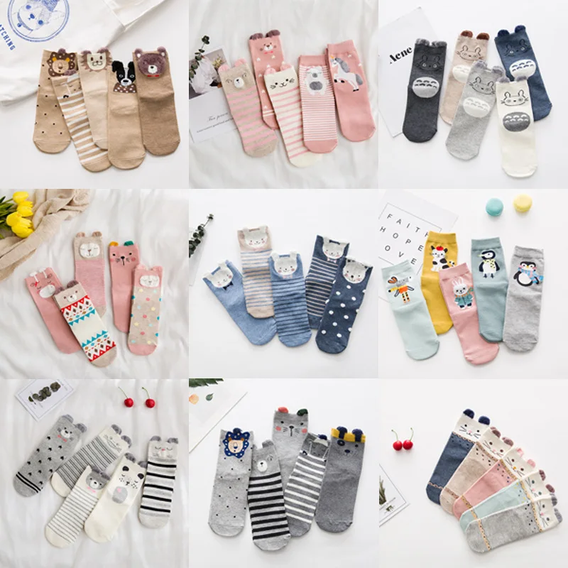 PEONFLY Bear Cat Dragon Cat Rabbit Fox Lion Cartoon Animals Wave Dot Stripe Pattern Three-dimensional Woman Cotton Socks Autumn