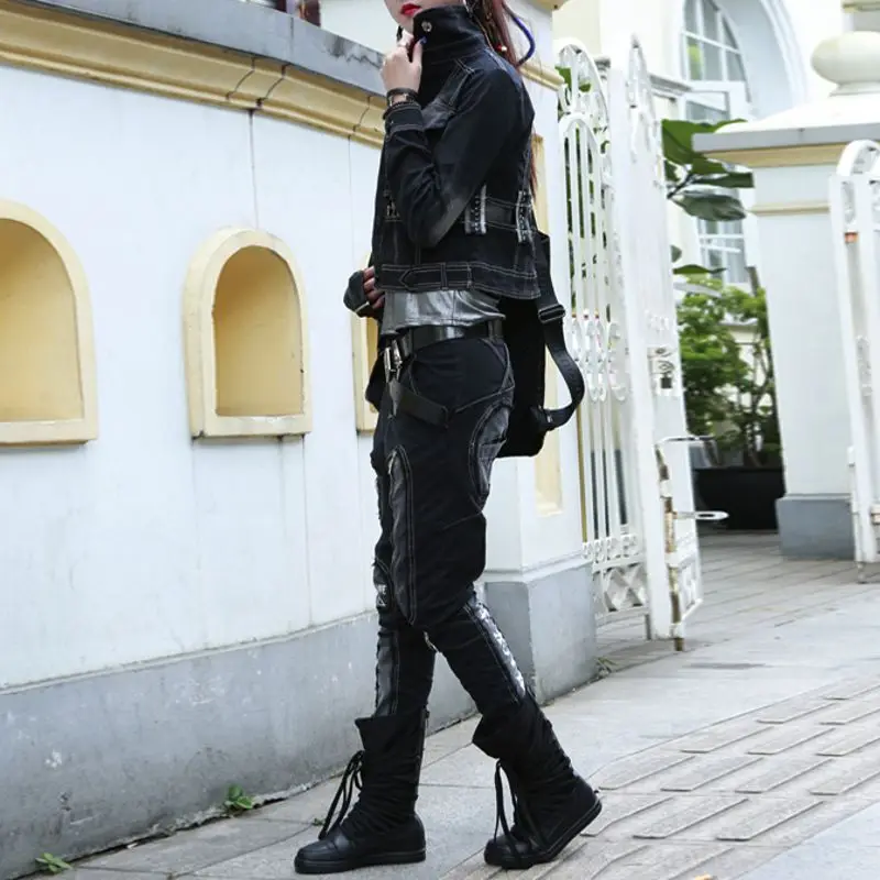 Femmes Moto Ensembles Collar Unique Vestes Turn De Punk Hiver Black Style Down Arrivée Poitrine Mode Nouvelle Jeans Denim Casual 1nqxxaRI