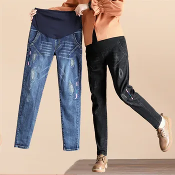 

Maternity Pants Jeans High Elastic Stomach Lift Adjustable Casual Pregnancy Pants Thickening Pregnant Jeans Woman Denim Trousers