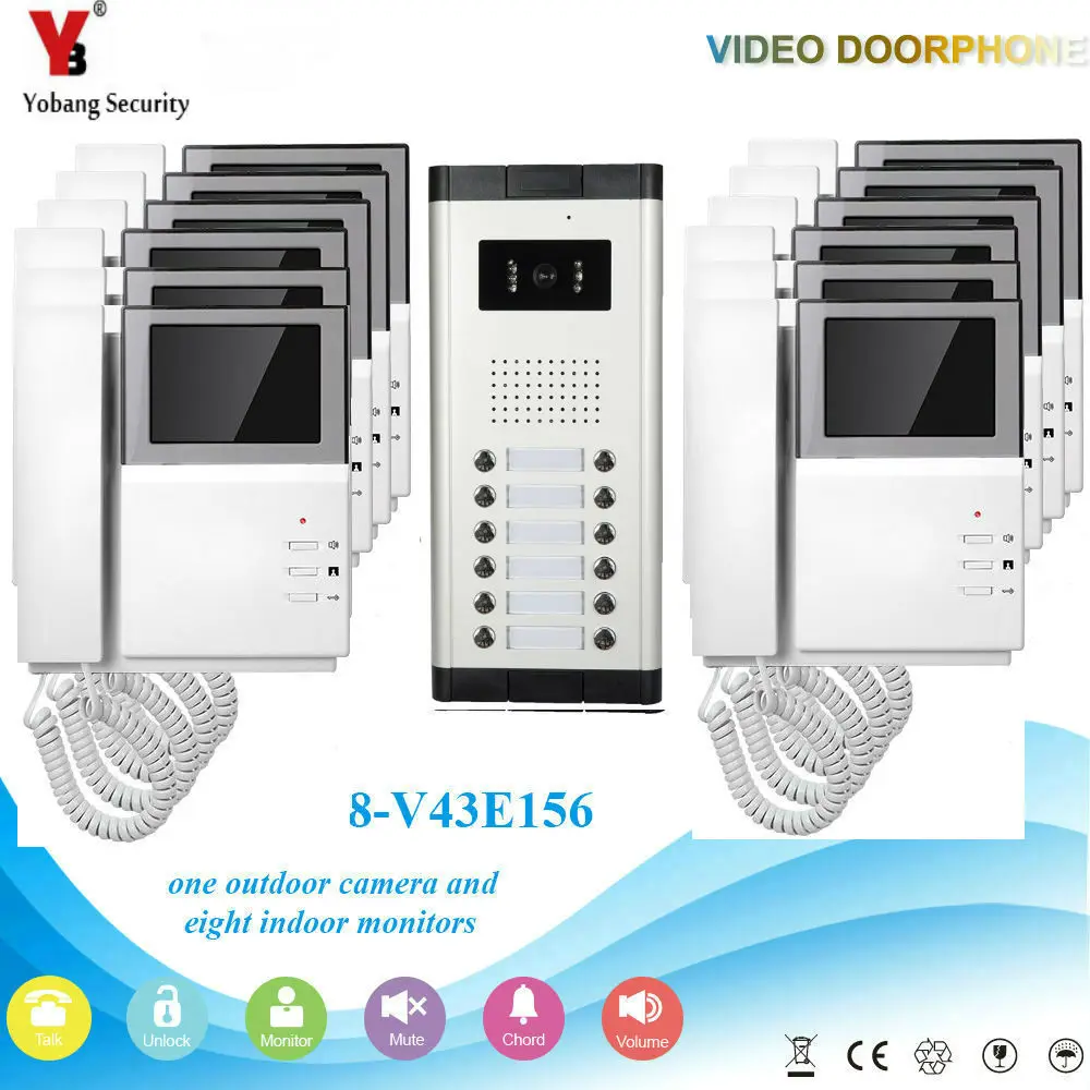 YobangSecurity видеодомофон 4,3 дюймов Цвет ЖК-дисплей Видео Домофонные дверной звонок Камера монитор Запись Системы для 12 единица квартира