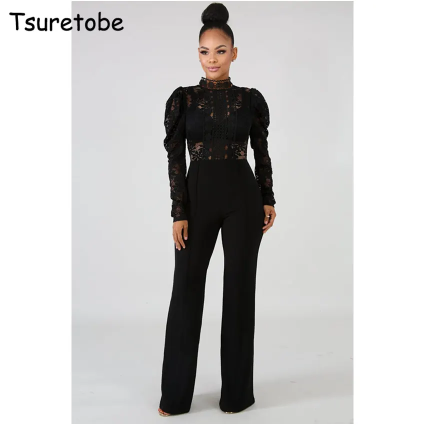 

Tsureobe Bodycon Floral Lace Jumpsuit Vestidos Elegant Fashion Wide Leg Bodysuit Women Pure Color Casual Party Club Jumpsuit