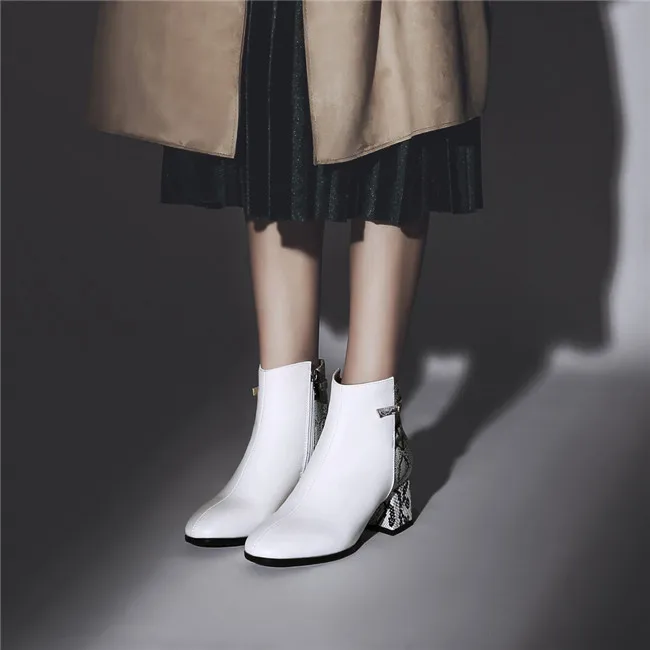 

YMECHIC 2018 Ladies White Black Snake Design Ankle Chunky High Heels Party Wedding Office Shoes Woman Plus Size Autumn Booties