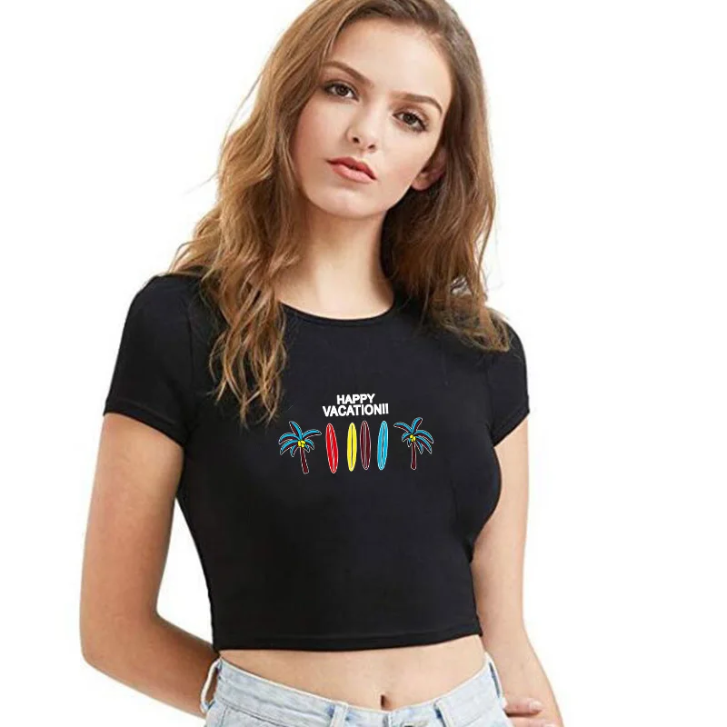 

Letter VACATION Printed Women T-shirt Short Sleeve Sexy Crop Top Summer Casual Short Type Tops Sport Fitness Running T-Shirt