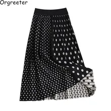 Для женщин осень-зима вязаная плиссированная юбка с высокой талией в европейско-американском стиле, модные, Шикарные Длинные юбки в горошек точка жаккарда