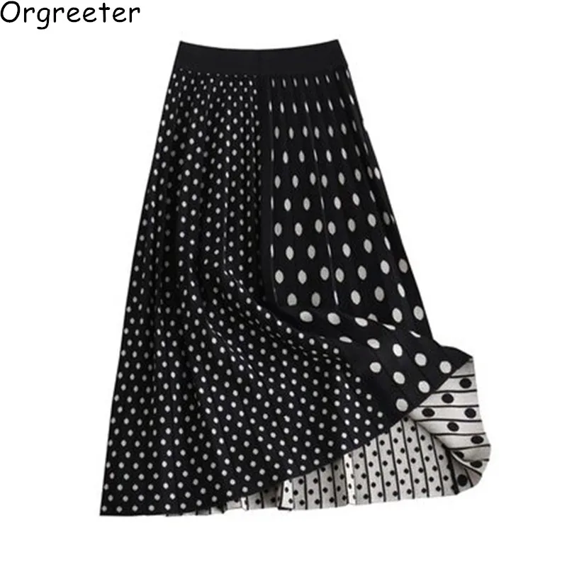 

New 2019 Women's Autumn Winter Knitted pleated skirt high waist Euro-American fashion chic long skirt Polka Dot jacquard