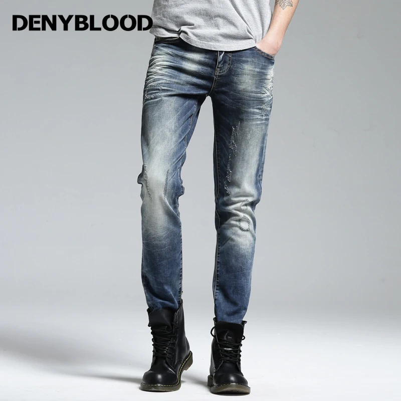 Denyblood джинсы модные мужские Стрейчевые трикотажные джинсы потертые джинсы Рваные узкие прямые винтажные потертые повседневные штаны 158035 - Цвет: Nostalgic Blue 2011