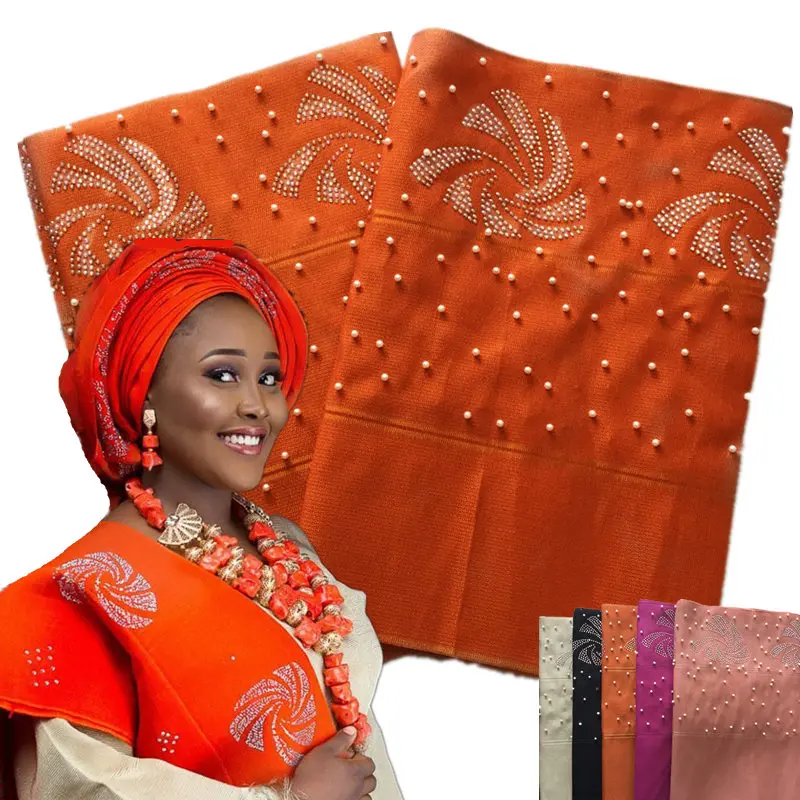 

African ASO OKE High Quality Plain Color Orange aso oke with stones and beads nigerian gele for ladies wedding