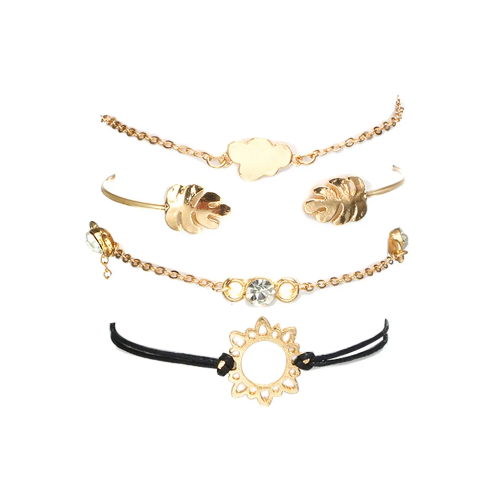 

Fashionable gold silver Leaf Openwork Flower Cloud Combination charms Bracelet pandora for women Four-piece @SL