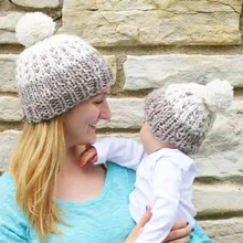 2PCS Europe Style Mother and Baby Caps Winter Warm Mother+Baby Knit Bobble Ball Hats