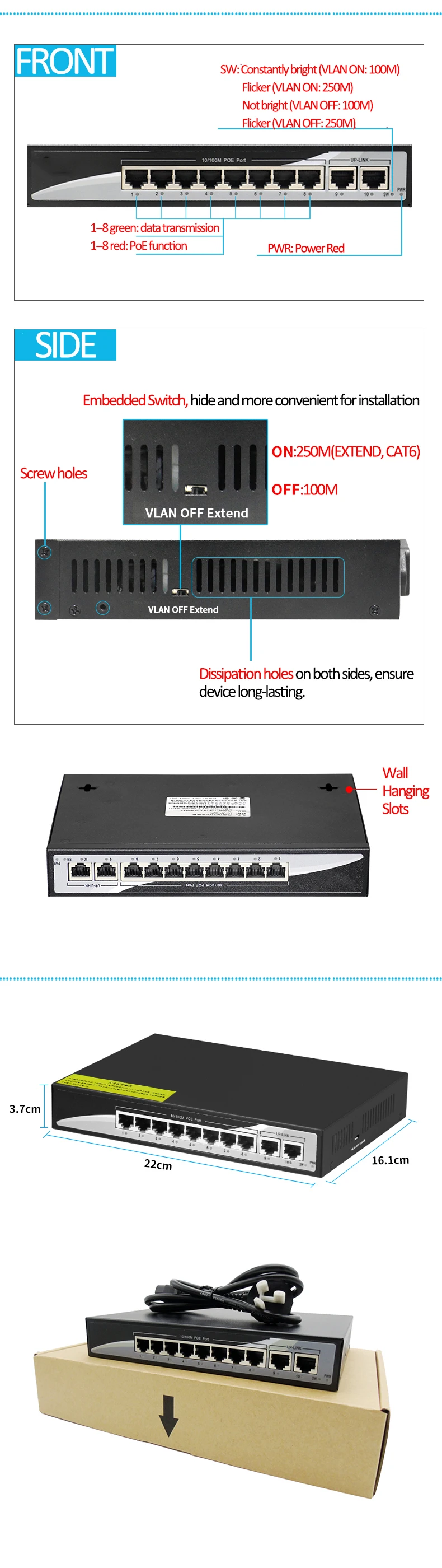 10/100M Ethernet 8 коммутатор питания через Ethernet 10 Порты с двумя UpLink встроенный Мощность 24V Мощность-over-Ethernet-коммутатор для Беспроводной AP, IP камеры