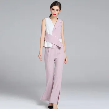 

Korean Ukrain OL Summer 2 Piece Set Women 2018 Autumn New Stripe Hit Color V-neck Vest Crop Top + Trousers