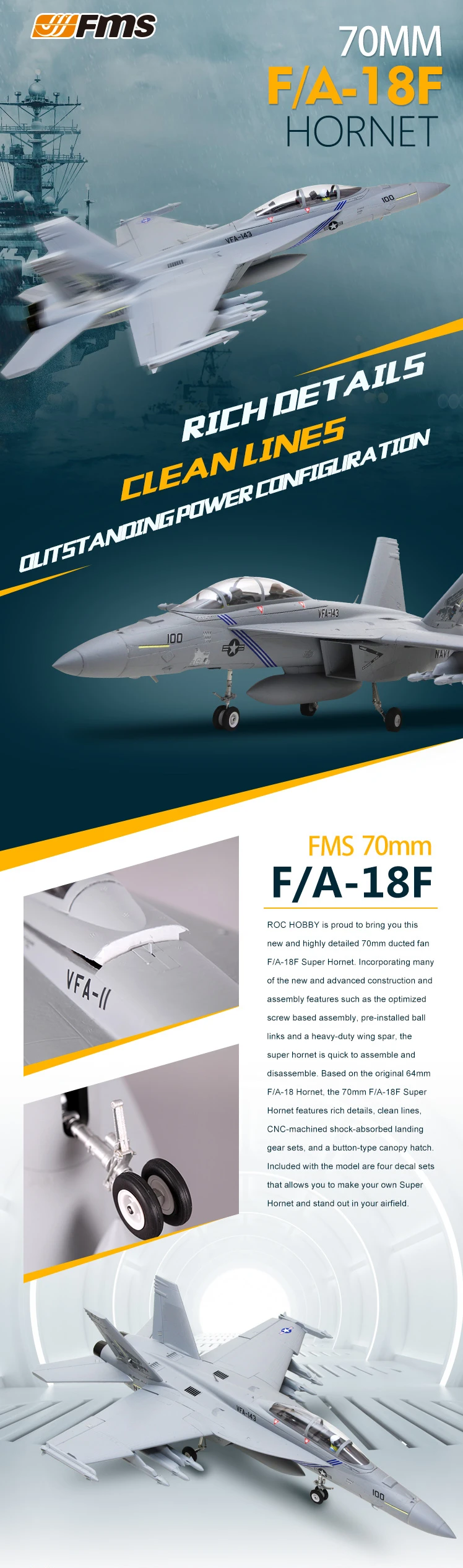 Новое поступление FMS RocHobby F18 F/A-18F Super Hornet 70 мм EDF струйная версия PNP и комплект