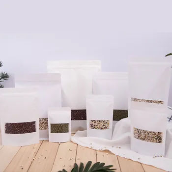 

50pcs White kraft paper bag frosted open window zipper ziplock stand up bag food red dates dried fruit biscuit packing pouch