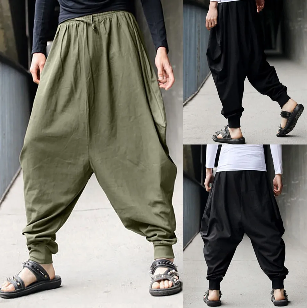 Men's Harem Pants Cotton Linen Festival Baggy Solid Trousers Retro ...