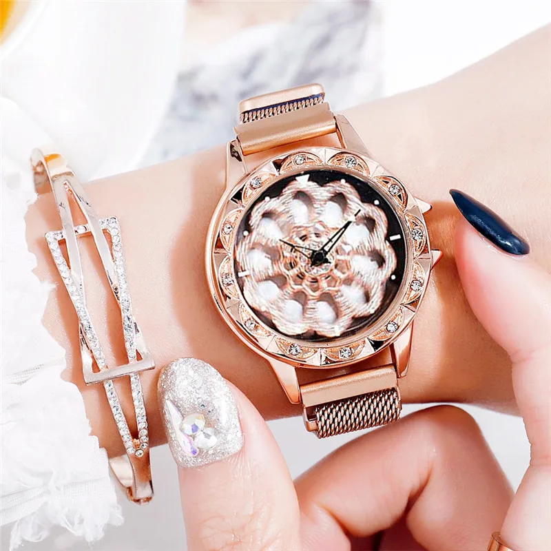 

Luxury Women 360 Degree Rotating Diamond Dial To Run Quartz Mesh Belt Watch