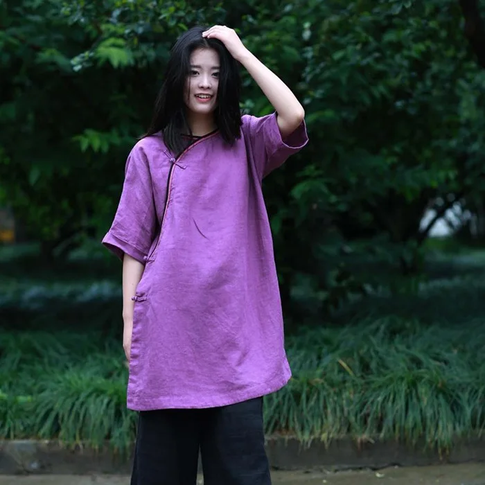 

Spring Summer Tea Zen National Style Clothing Half Sleeve Retro Plate Button Shirt Loose Linen Ramie Purple Shirt