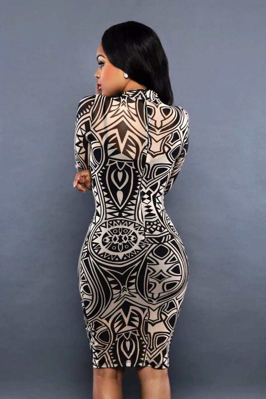 Зимнее платье, сексуальное женское платье в этническом стиле, с принтом тату, черное облегающее платье с длинным рукавом, посылка, облегающее платье для вечеринок S2379