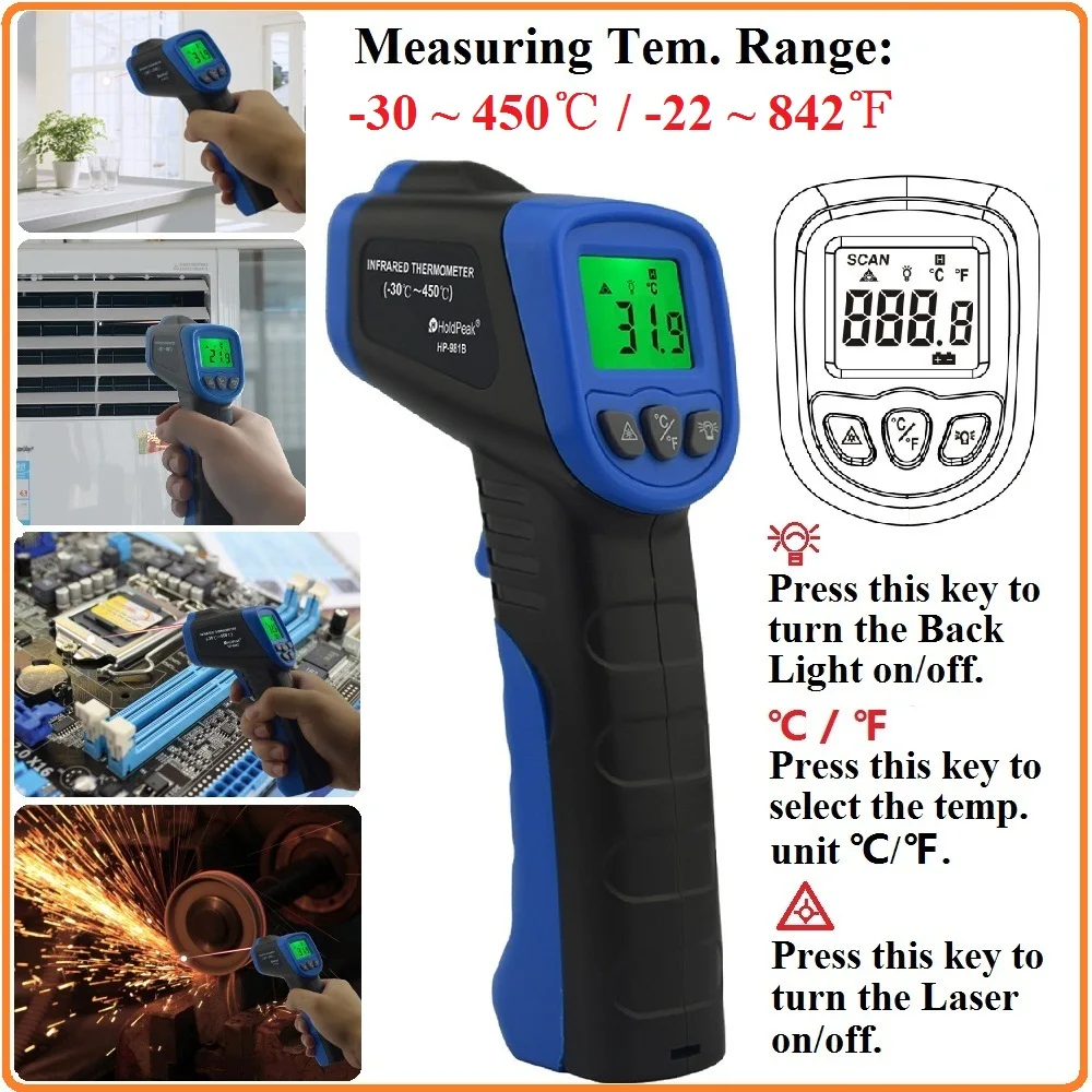 

HoldPeak HP-981B DigitalInfrared Thermometer -30~450'C / -22~842'F Non-Contact Laser Temperature Meter Gun