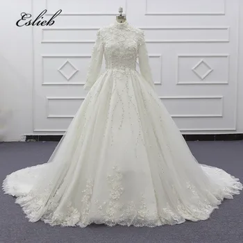 شراءجديد رومانسية الخامس الرقبة أنيقة الأميرة فستان الزفاف 2018 طويل الأكمام يزين المشاهير الكرة ثوب Noiva SJ122