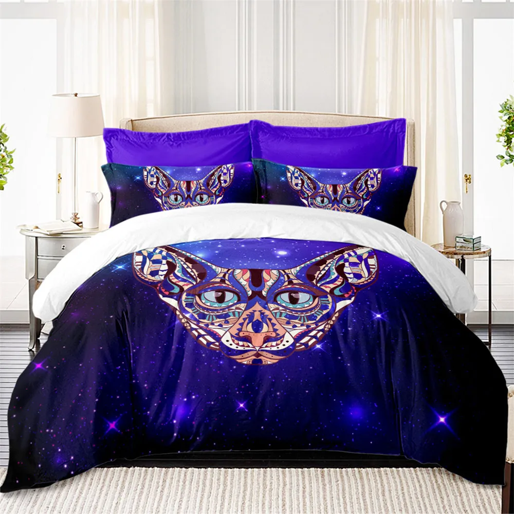 Multi Color Cat Bedding Set Animal Print Duvet Cover Set Purple Galacy